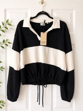 Scotch & Soda Black and Cream/Off-White Colorblock Polo Sweatshirt